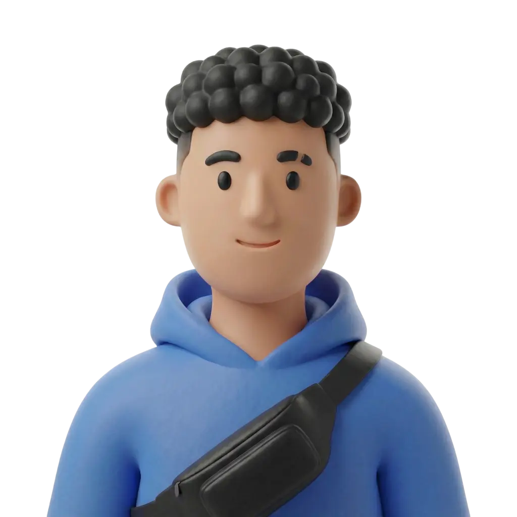 3D portrait bust of a young male wearing a blue hoodie and a black crossbody bag, with short curly black hair, rounded eyebrows and a subtle smile. Facing forward against a plain black background.