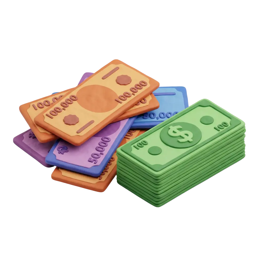 3D render of stacked colorful stylized banknotes in green, orange, purple and blue with a soft matte, slightly rubbery finish and embossed denomination symbols, isolated on a black background.