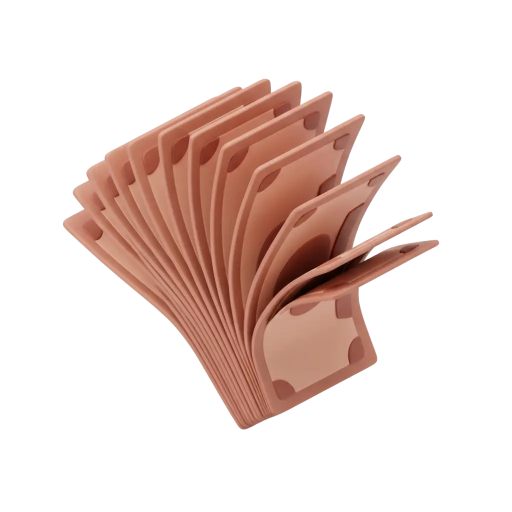 3D render of a stylized fanned stack of banknotes in warm terracotta tones, made of smooth matte rectangular sheets with rounded corners and corner cutouts, isolated on a black background.