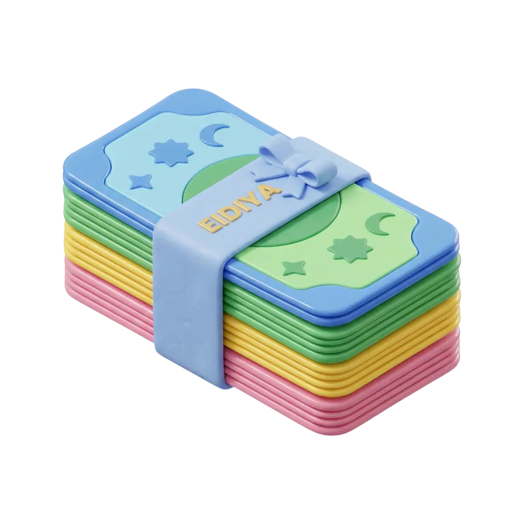 3D render of a pastel-colored stack of stylized banknotes bound by a ribboned band labeled "EIDIYA" in gold, with embossed crescent and star motifs and a soft matte-plastic finish with subtle gloss. Isolated render on a transparent background.