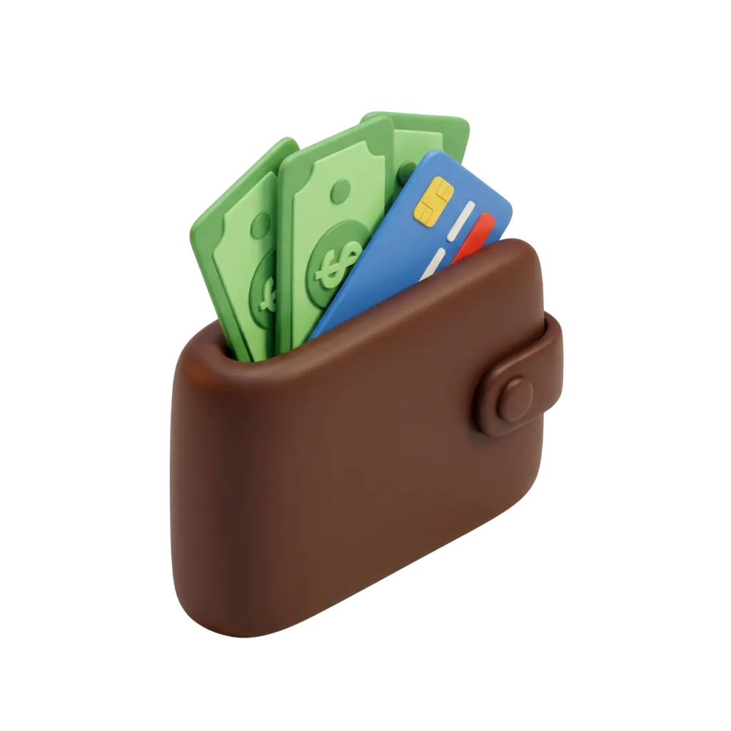 3D render of a brown rounded leather wallet with a snap button strap, containing green stylized banknotes and a blue credit card, matte finish, isolated on a black background.
