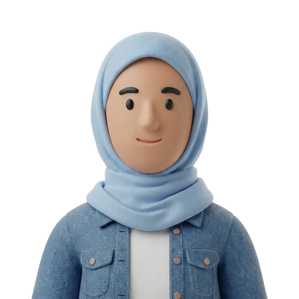 3D portrait bust of a young woman wearing a light blue hijab and a blue denim jacket over a white top, with simple rounded facial features, a warm smile, and a neutral forward-facing pose on a black isolated background.