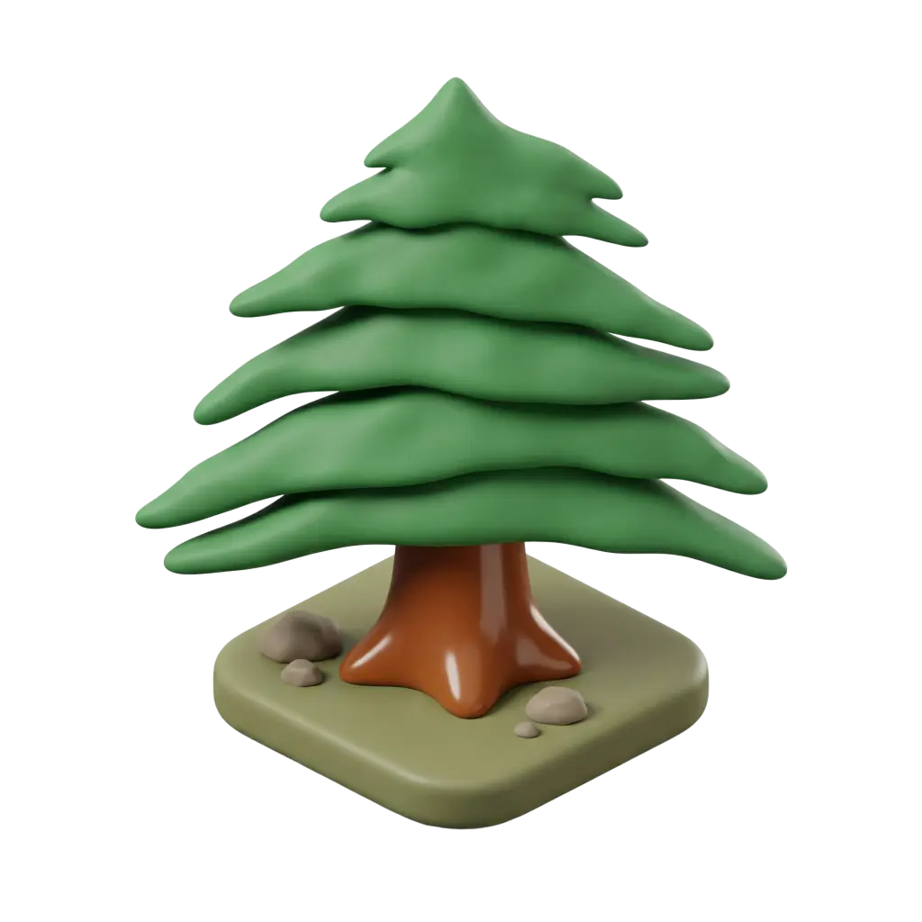 3D render of a stylized cedar tree with layered rounded green foliage and a glossy brown trunk mounted on a small olive-green square base with scattered stones; foliage appears matte and trunk has a subtle gloss, shown against a black background.