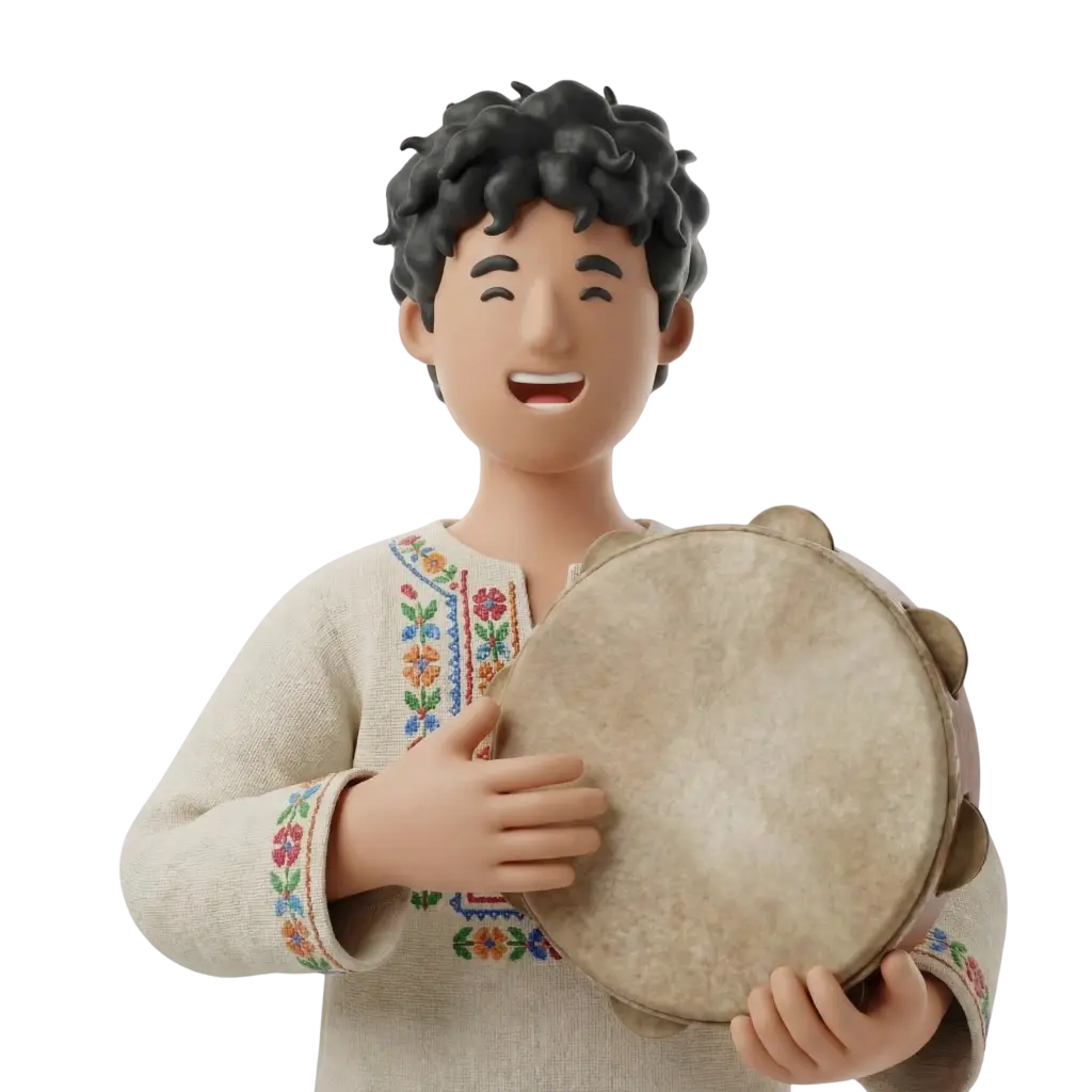 3D portrait bust of a smiling male Chaabi performer with curly black hair, wearing a cream embroidered traditional shirt and holding a round tambourine (daf) with jingles; eyes closed in a joyful expression, isolated on a black background.