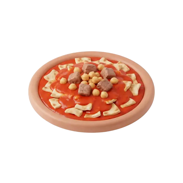 Top-down shot of a terracotta plate holding chakhchoukha: torn flatbread pieces covered in a glossy red tomato sauce, topped with chickpeas and cubes of stewed meat, isolated on a black background. The render shows warm beige bread pieces, golden chickpeas, reddish sauce texture, and a matte clay plate rim.