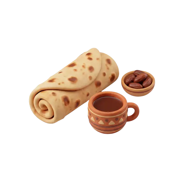 3D render of a rolled chapati flatbread with toasted brown spots, a terracotta cup filled with dark karak tea and a small bowl of dates, isolated on a black background.