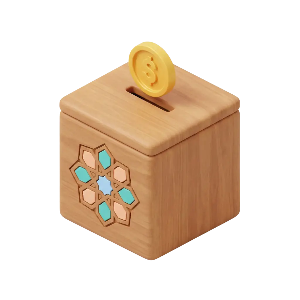 3D render of a wooden square charity box with rounded edges, matte wood finish, top coin slot and a decorative Islamic geometric inlay in turquoise and peach, with a yellow coin featuring a dollar sign above the slot on a transparent background.