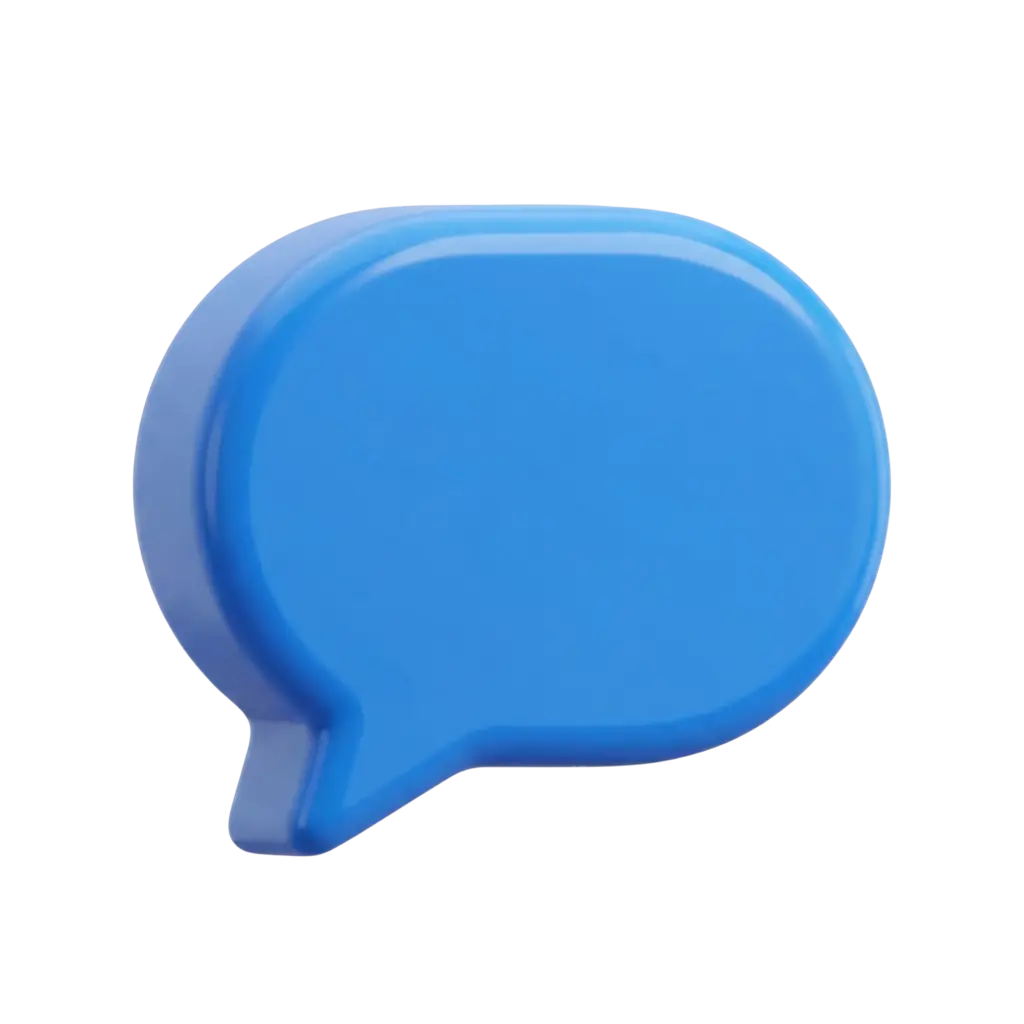 3D render of a glossy blue chat bubble with a rounded rectangular shape and a short tail, smooth plastic-like finish, isolated on a transparent background. Front-facing slight perspective with soft highlights and subtle edge reflections.