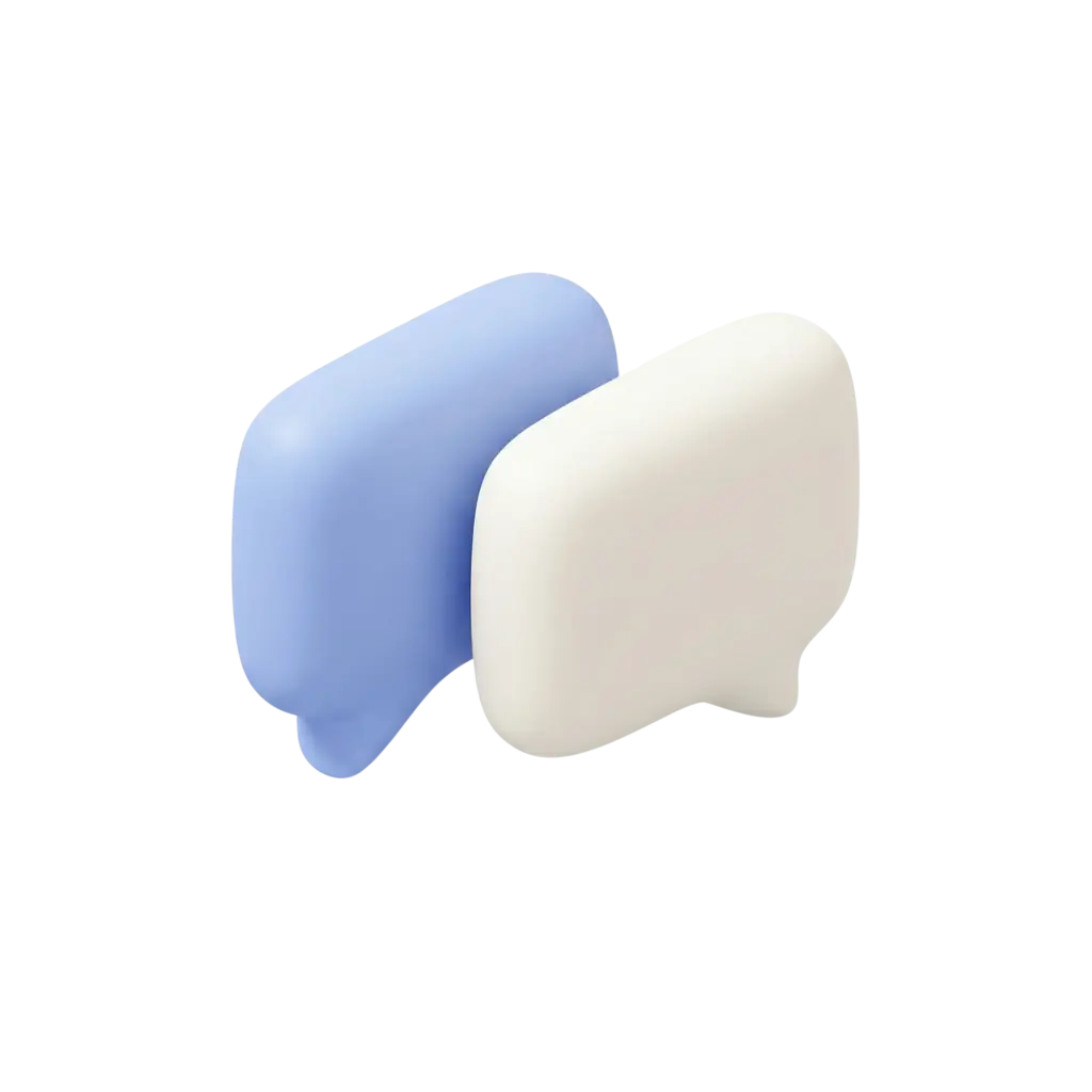 3D render of two rounded rectangular chat bubbles — one light blue and one off-white — with a smooth matte plastic finish, isolated on a solid black background.