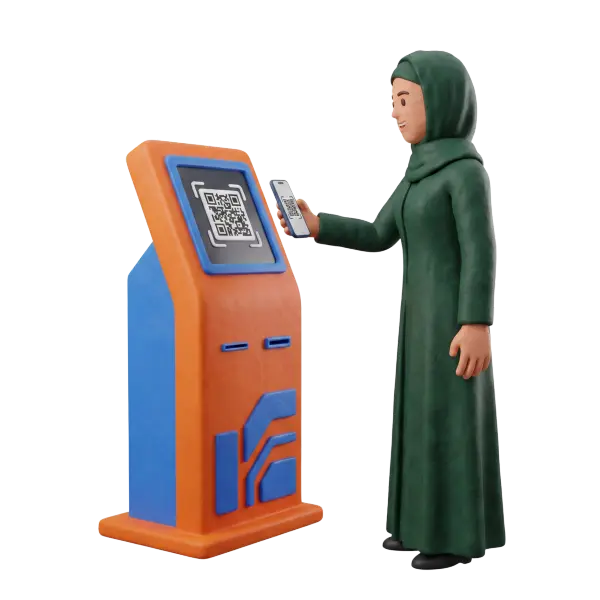 Full-body 3D scene of a single female character wearing a green hijab and long coat scanning a QR code with a smartphone at an orange-and-blue self-service kiosk. Isolated render on a black background.