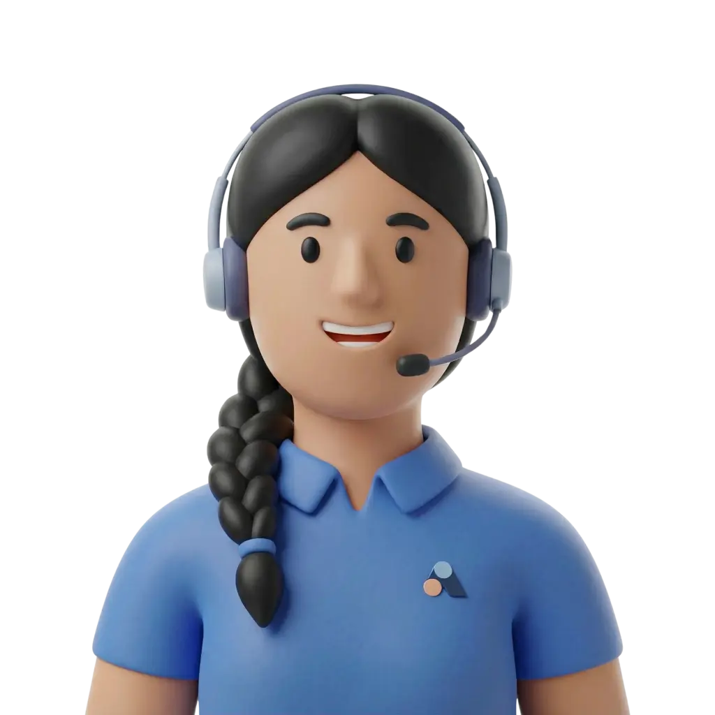 3D portrait bust of a smiling female service worker with braided black hair, wearing a blue polo shirt and a headset with microphone. Isolated on a black background with a friendly, forward-facing pose.