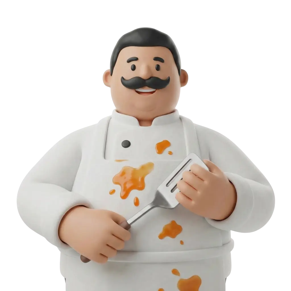 3D portrait bust of a male chef wearing a white chef jacket and apron splattered with orange sauce, holding a metal spatula, with short black hair, a thick black mustache and a friendly smile against a transparent background.