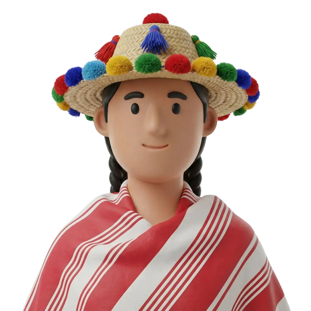 3D portrait bust of a young local from Chefchaouen wearing a woven straw hat decorated with colorful pom-poms and tassels, with two dark braids visible and a subtle smile. Draped in a red-and-white striped shawl, neutral expression, studio-style black background.