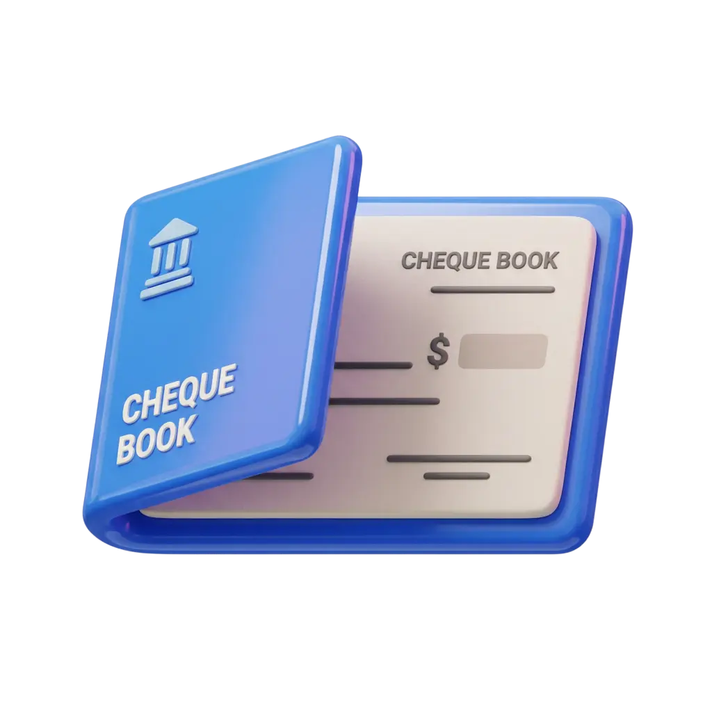 3D render of a glossy blue cheque book with rounded cover and visible cream cheque pages, embossed bank icon and raised 'CHEQUE BOOK' text, isolated on a transparent background.