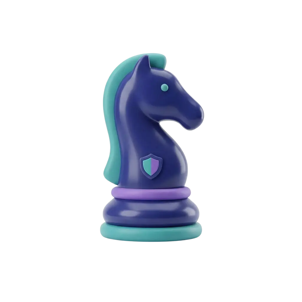 3D render of a stylized chess knight piece with a glossy deep blue and teal color palette, purple accent rings and a small shield emblem on the chest, finished with a smooth plastic-like surface; isolated on a black background.