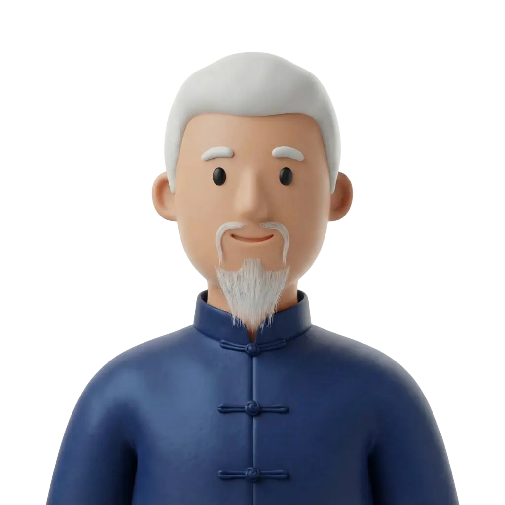 3D portrait bust of an elderly Chinese man with short white hair, a white goatee and moustache, wearing a blue traditional Chinese tunic with knotted frog closures and a gentle smile, shown against a black background.