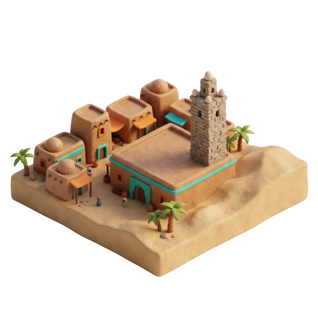 3D render of a small desert mosque block with mudbrick buildings and a tall square stone minaret, turquoise trim accents, palm trees and tiny clay pots on a sandy base, isolated on a dark background with soft studio lighting.