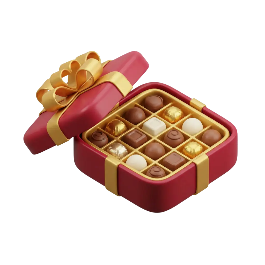 3D render of a red rounded-square gift chocolate box with a glossy gold ribbon and bow, open to reveal a gold compartment tray holding 16 assorted chocolates in matte, shiny and foil-wrapped finishes. Isolated on a black background.