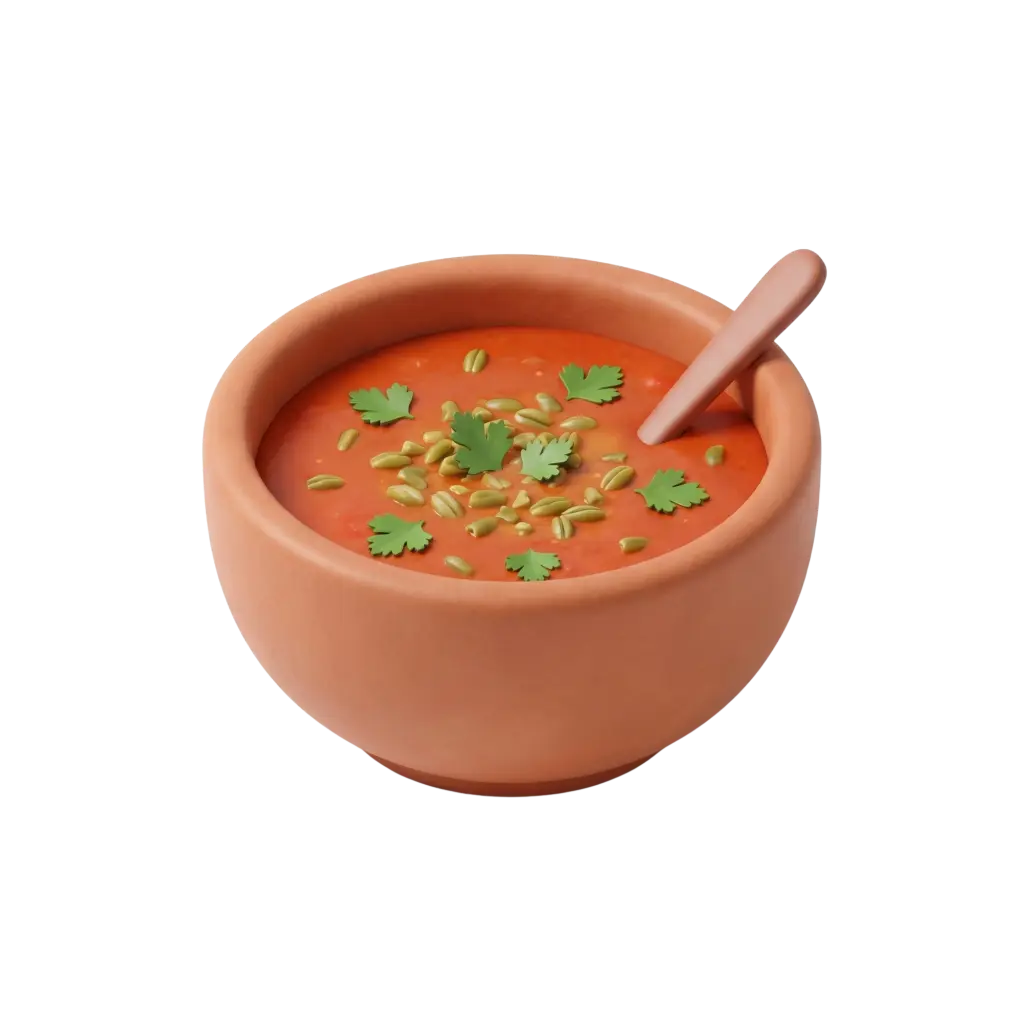 3D render of a terracotta bowl filled with orange-red Chorba Frik soup topped with green frik grains and cilantro leaves, a matching spoon resting inside, isolated on a black background.