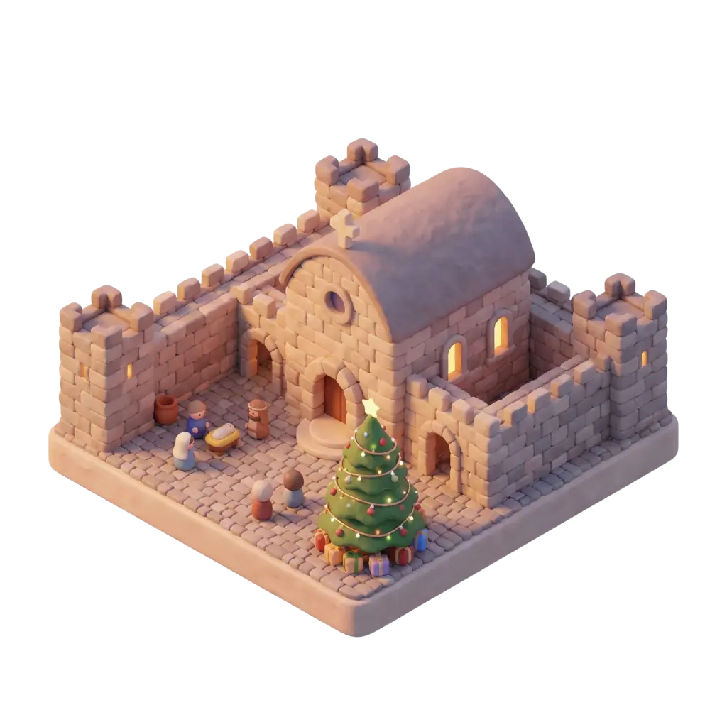 3D clay-style depiction of the Church of the Nativity in Bethlehem, showing a stylized stone basilica with fortified courtyard walls, lit arched windows, a decorated Christmas tree and tiny nativity figures; isometric perspective with soft warm evening lighting. The scene sits on an isolated base with cobblestone floor and gentle rim lighting.