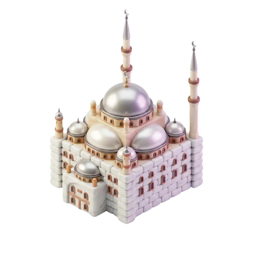3D render of a stylized citadel mosque with multiple silver glossy domes, slender minarets and cream stone-like block walls with arched windows. Isolated, high-contrast render on a black background.