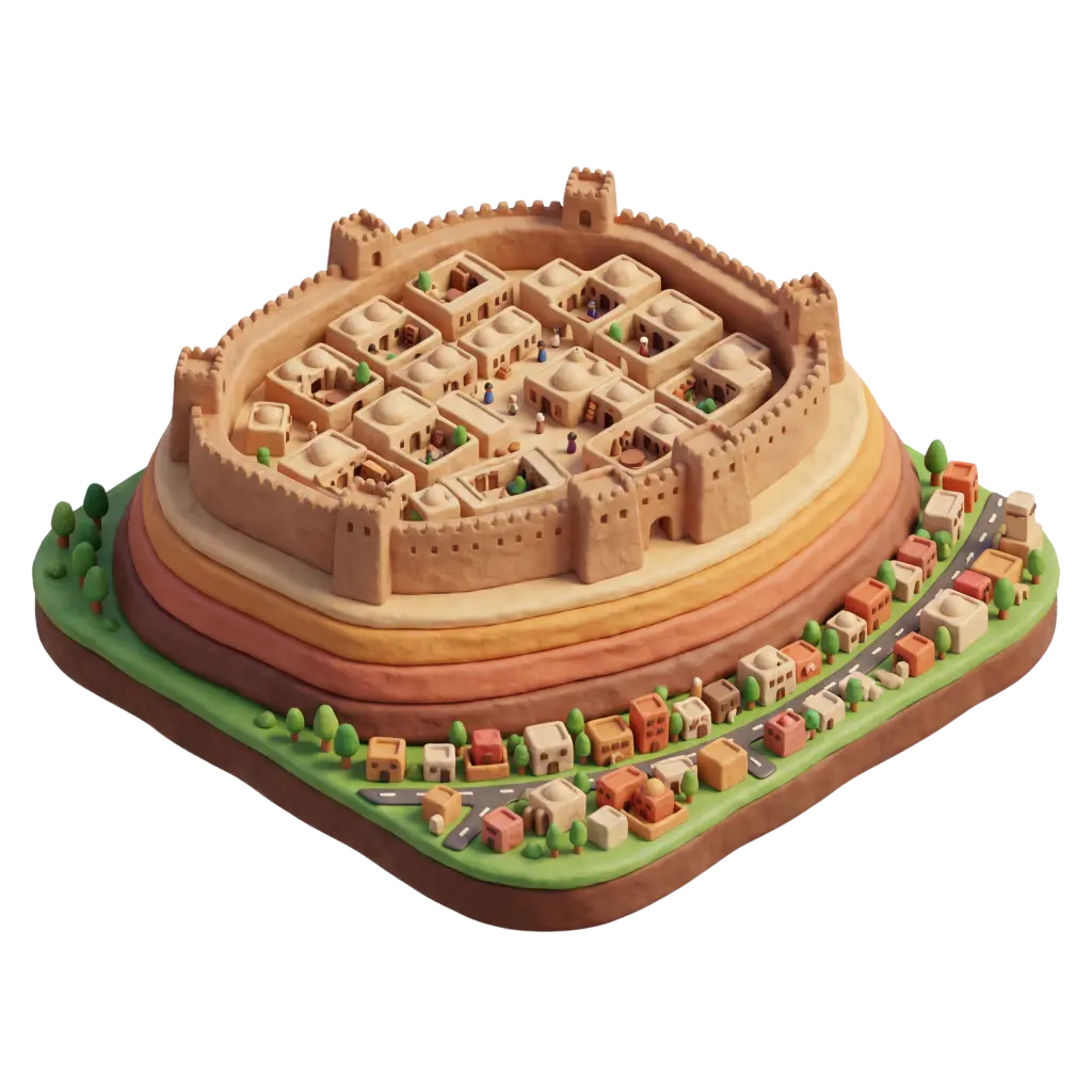 3D render of the Citadel of Erbil presented as a clay-style miniature showing a circular fortified mound with crenelated walls, corner towers and a grid of domed traditional houses, surrounded by a ring road and small modern buildings. Isometric, slightly top-down perspective with soft studio lighting and an isolated black background.