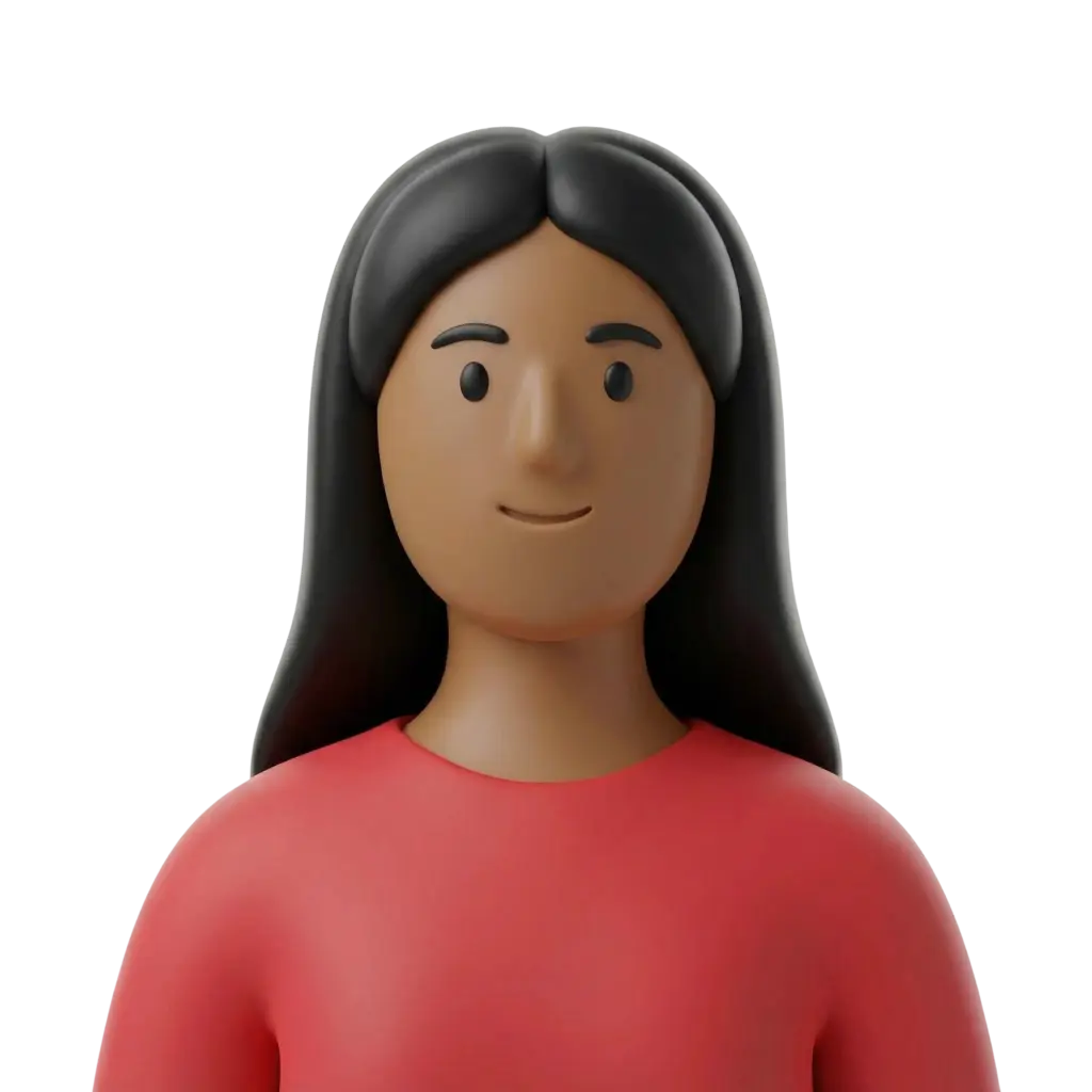 3D portrait bust of a young female with warm brown skin, long straight black hair, and a simple red top, front-facing with a subtle smile and minimal facial features; isolated on a black background with a smooth matte finish.