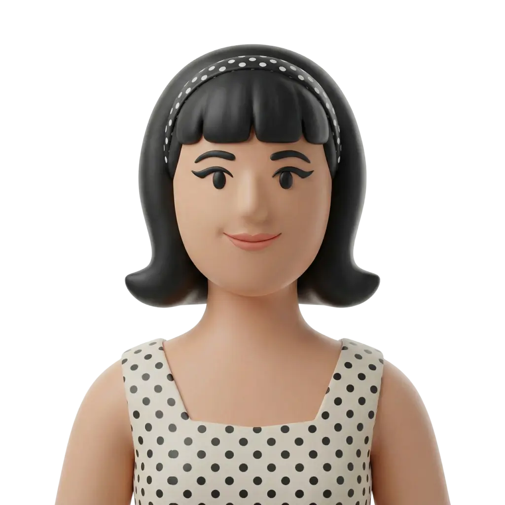 3D portrait bust of a female classic cinema actress with a short black bob haircut, polka-dot headband, and a white dress with black polka dots; she has winged eyeliner, a warm smile, and a neutral frontal pose on a black background.