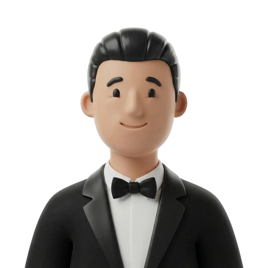 3D portrait bust of a smiling male groom wearing a black tuxedo jacket, white shirt and black bow tie, slicked-back dark hair and a warm friendly expression, isolated on a dark/transparent background.
