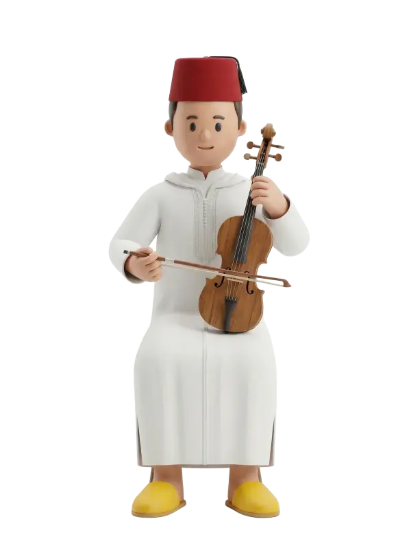 Full-body 3D character of a male musician wearing a white djellaba with embroidered collar, a red fez (tarboush), and yellow babouche slippers, seated while playing a wooden violin with a bow; neutral smile and isolated black background.