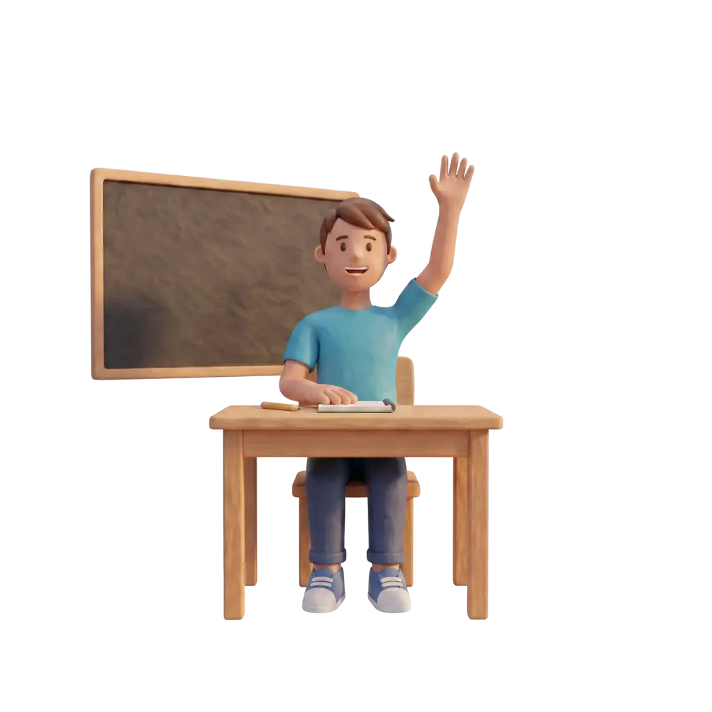 Full-body 3D scene of a male student in a blue shirt and jeans sitting at a wooden desk, raising his hand with a smile; a notebook and pencil lie on the desk and a chalkboard is visible behind him on a black background.