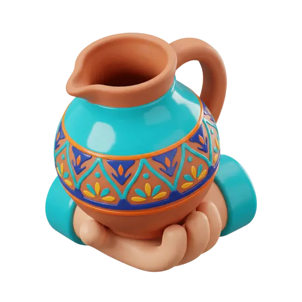 3D render of a small terracotta jug with a rounded body, curved handle and spout, featuring a glossy turquoise painted band and colorful geometric floral patterns, with a matte natural clay rim and interior. Isolated on a transparent background.
