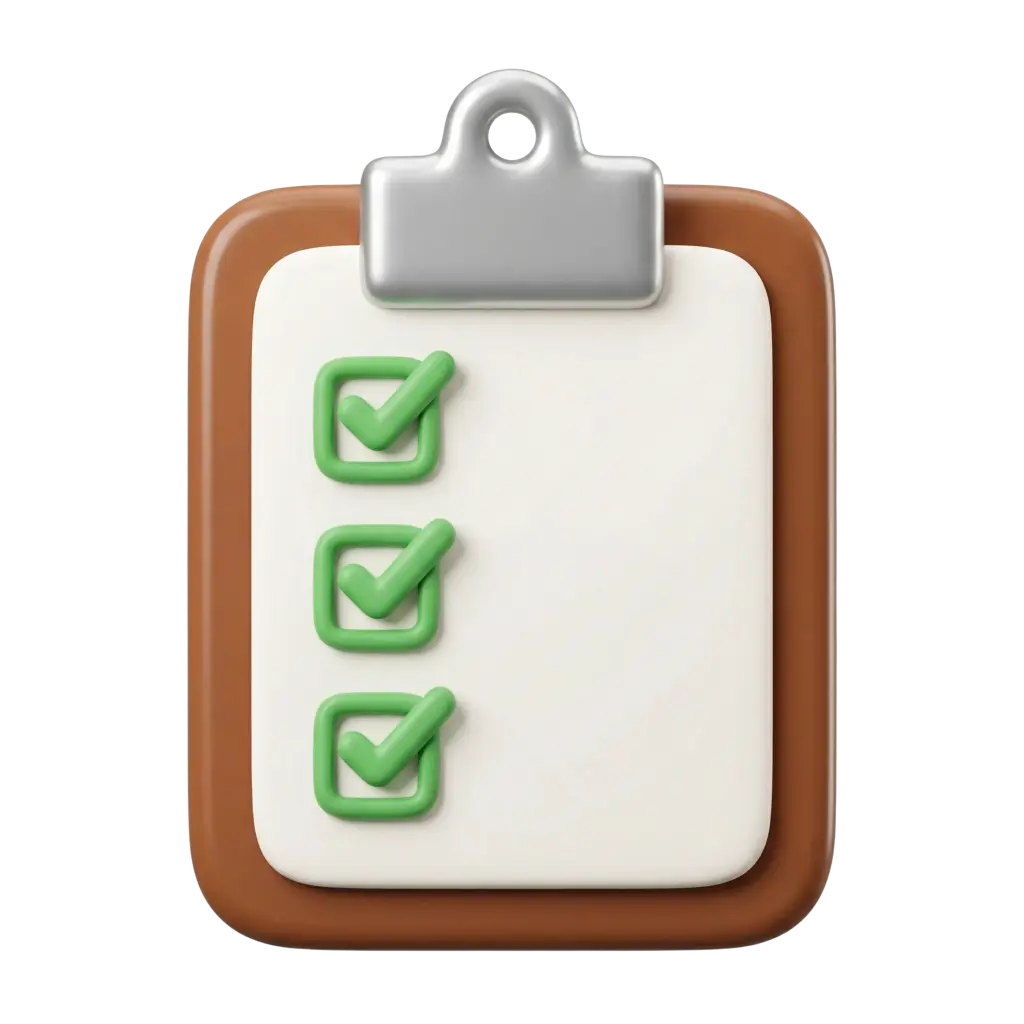 3D render of a stylized clipboard with a white sheet and three green checkmarks in square boxes, brown rounded board frame and a metallic silver clip on top, smooth glossy-matte finish, isolated on a transparent background.