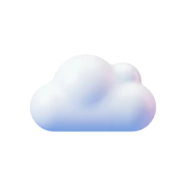 3D render of a soft rounded cloud icon with smooth satin-gloss finish, featuring a white-to-pale-blue and subtle pink pastel gradient, isolated on a transparent background.