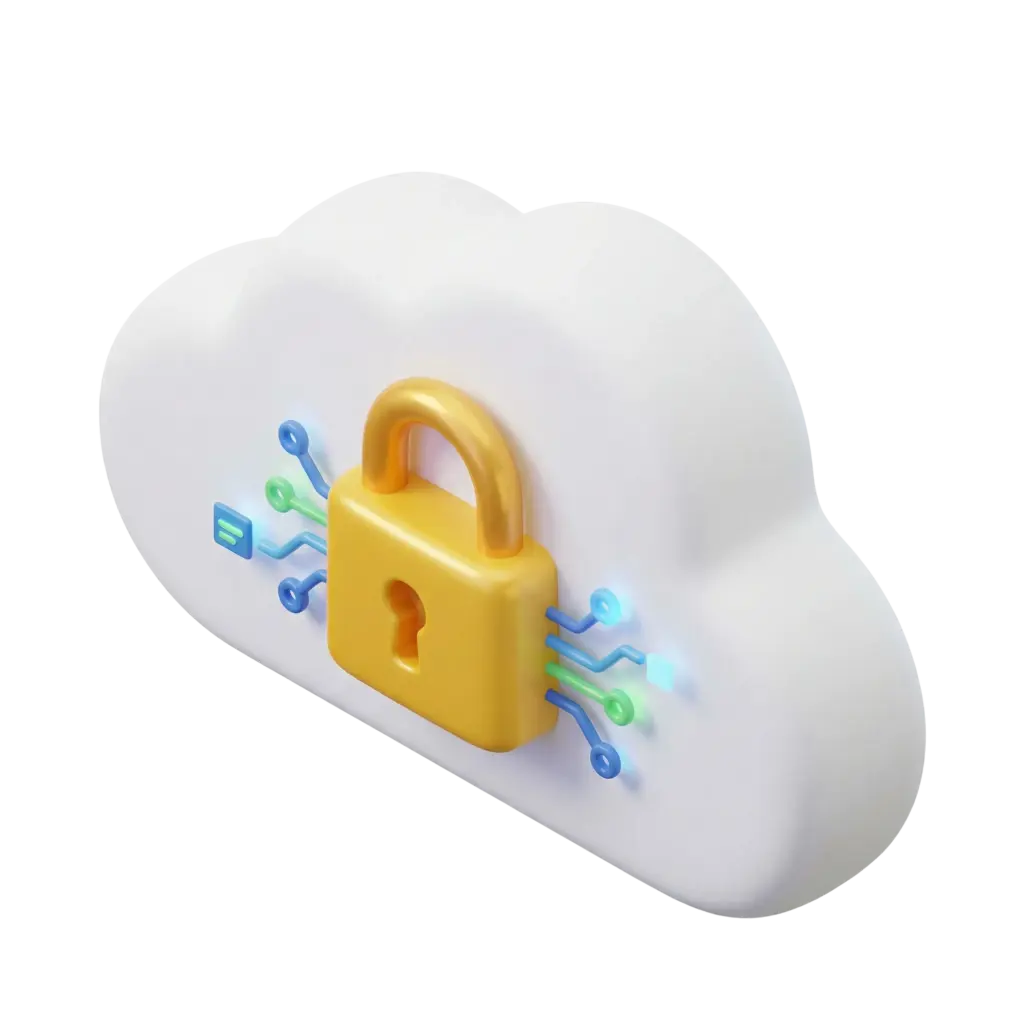 3D render of a white matte cloud shape with a glossy gold padlock mounted at its center, neon blue and green circuit traces extending from the lock and subtle glow accents, isolated on a black background.
