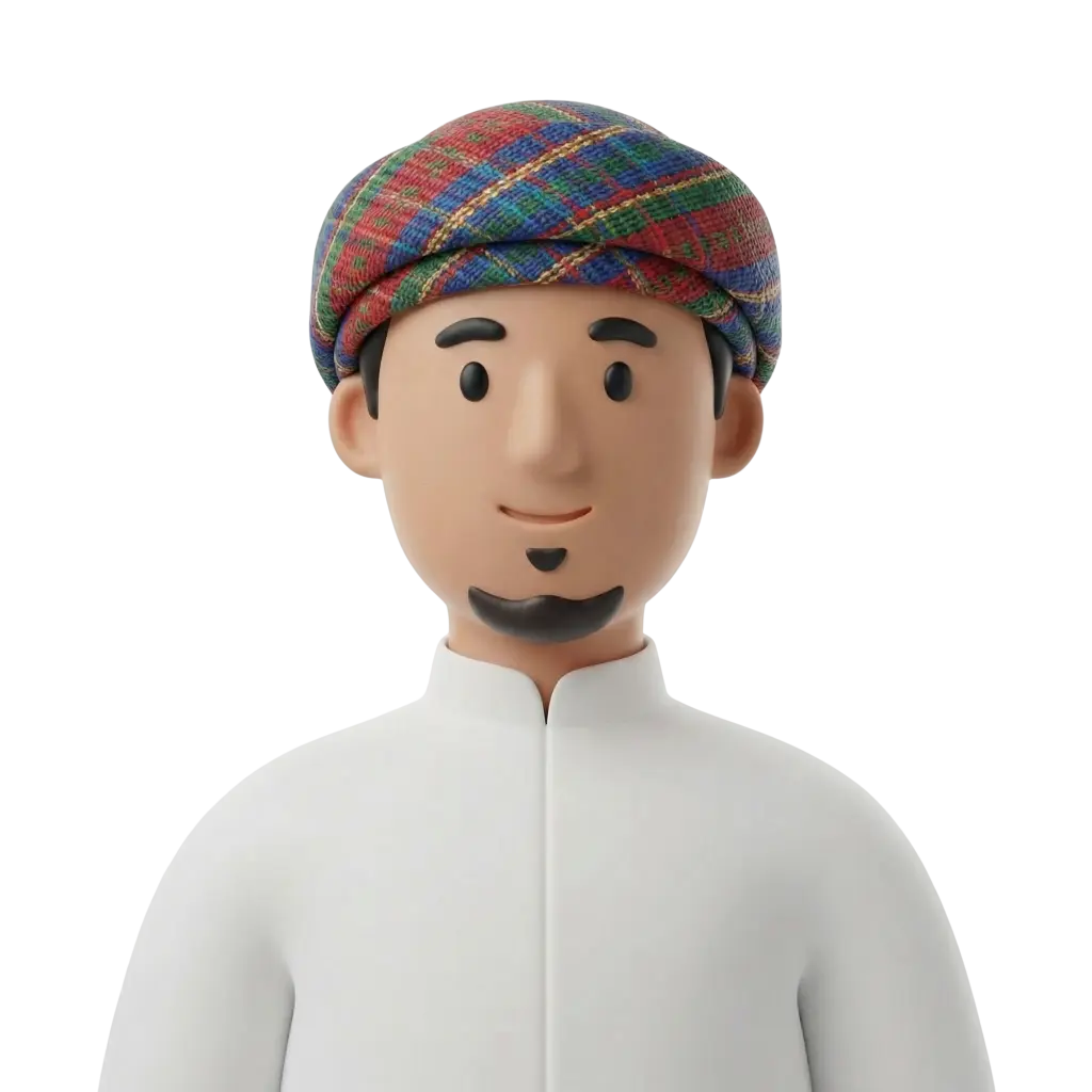 3D portrait bust of a young Omani man wearing a colorful woven mussar-style turban and a white dishdasha, with a short goatee and a gentle smile. Isolated render on a black background.