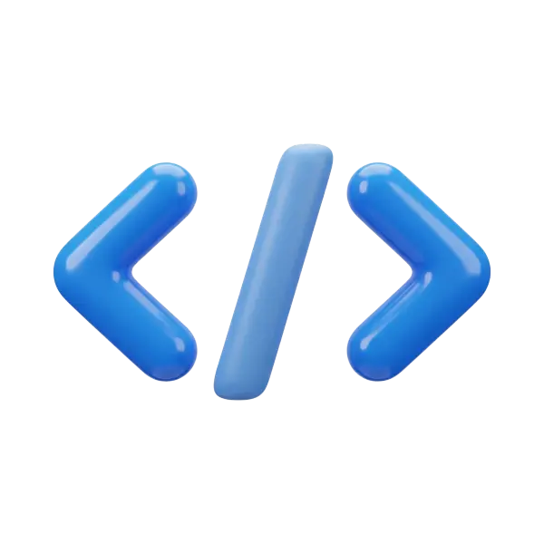 3D render of three rounded blue elements forming a code tag: left angle bracket, central slash, and right angle bracket with a glossy plastic finish. Isolated transparent background.