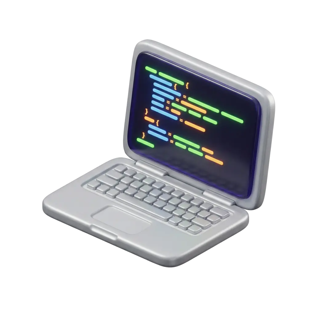 3D render of a compact silver laptop with rounded chunky keys, a matte metallic body and glossy dark screen showing neon green, blue and orange code lines. Isolated render on a transparent background.