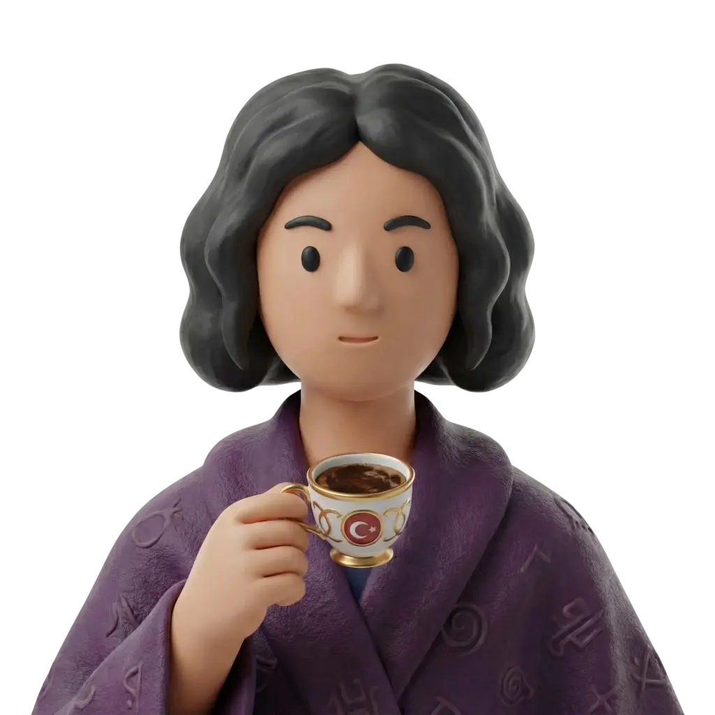 3D portrait bust of a person with wavy dark hair wearing a textured purple robe embossed with symbols, holding a small ornate ceramic coffee cup with a crescent motif, neutral calm expression, black transparent background.