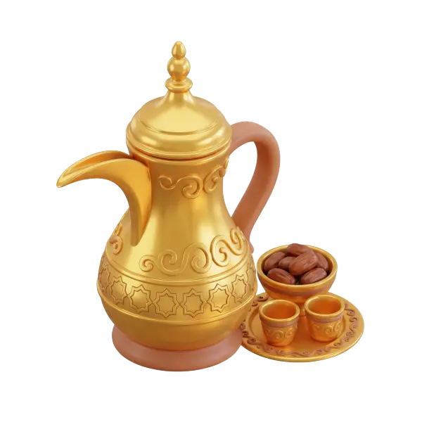 3D render of a golden Arabic coffee dallah with ornate engraved patterns, glossy metallic finish, paired with two small matching cups and a bowl of dates on a round tray; handle and base show a matte terracotta texture, isolated on a transparent background.