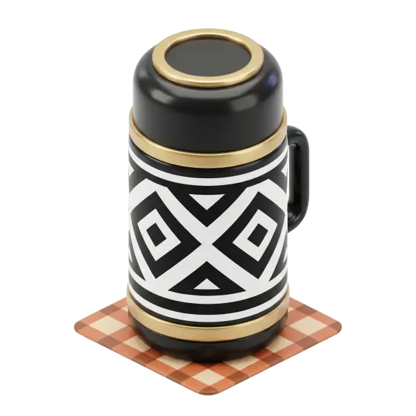 3D render of a glossy black and gold coffee flask with a bold black-and-white geometric pattern around the body, a side handle, and metallic gold bands at the top and bottom. Placed on a brown-and-cream checkered coaster with an isolated transparent background.