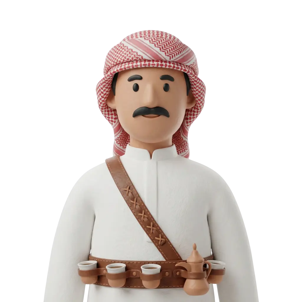 3D portrait bust of a male wearing a white thobe and red-and-white ghutra, with a black mustache, neutral expression, and a leather coffee bandolier holding a dallah and small cups, isolated on a black background.