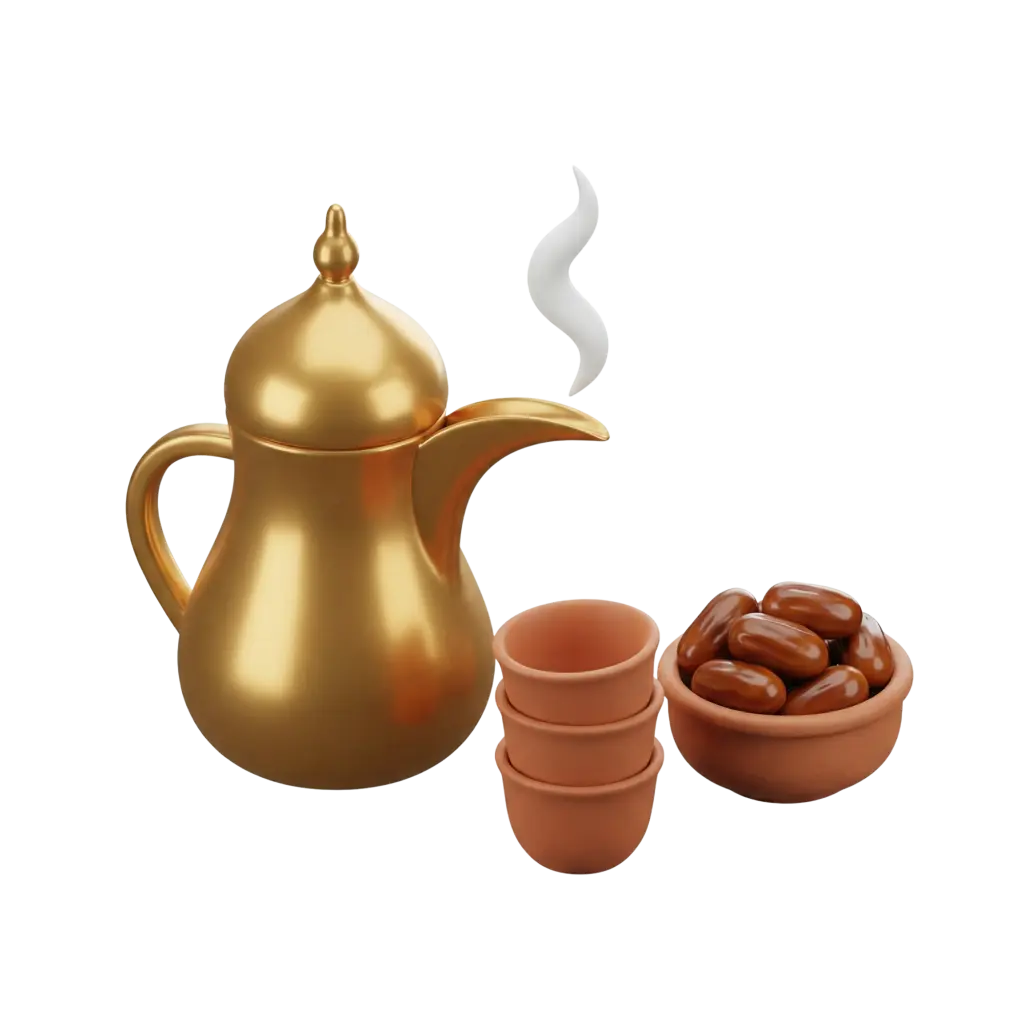 3D render of a traditional Arabic coffee set with a glossy metallic-gold dallah, stacked terracotta cups, and a small bowl of glossy brown dates; a white steam wisp rises from the spout. Render is isolated on a transparent background.