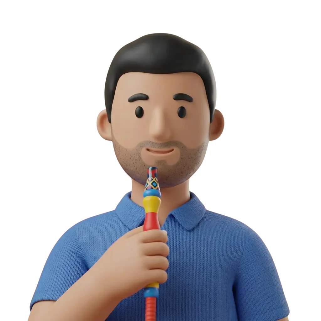 3D portrait bust of a young man with short dark hair and light stubble, wearing a blue polo shirt and holding a colorful hookah mouthpiece near his lips. Calm, friendly expression with a black background and isolated render.