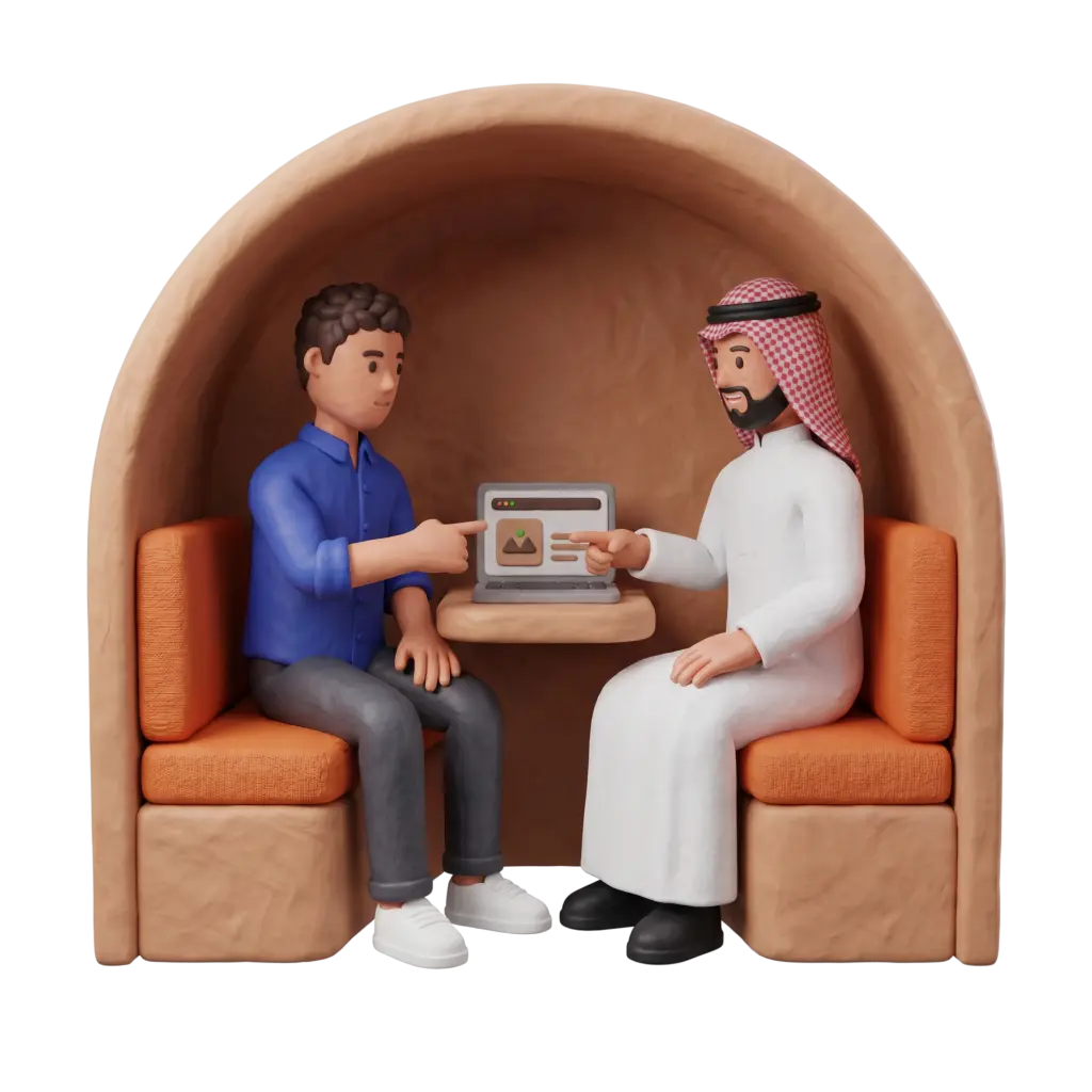 Full-body 3D scene of two male characters — one in a blue shirt and the other in a white thobe with a red-checkered ghutra — seated face-to-face in a curved meeting pod pointing at a laptop on a small table. The pod has warm orange cushions and a soft clay-textured interior set against a black background.