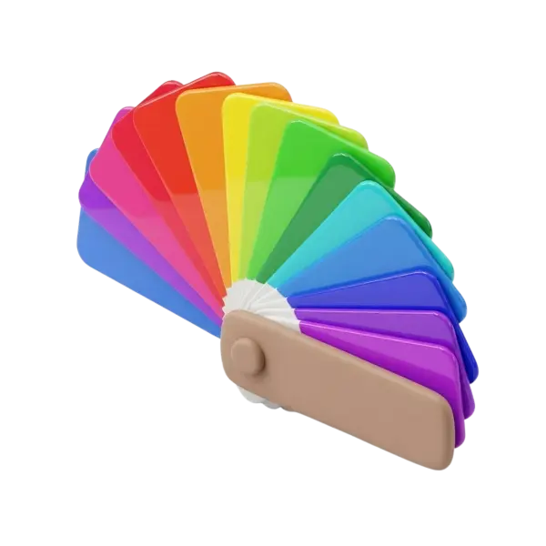 3D render of a fanned color swatch guide made of glossy plastic rounded-rectangle tabs in a full rainbow spectrum, connected by a beige pivot and small white hub, isolated on a transparent background.