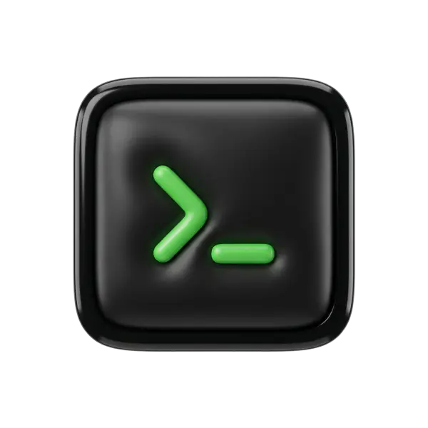 3D render of a glossy black rounded-square command terminal button with a neon-green greater‑than chevron and a green dash, soft recessed depth and subtle reflections. Isolated on a transparent background.