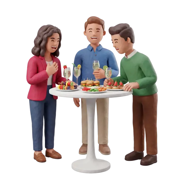Full-body 3D scene of three smiling adults — one woman in a red blazer and two men in a blue shirt and green sweater — standing around a high cocktail table with sliders, skewers, canapés and cocktail glasses garnished with fruit. Black background, isolated render.