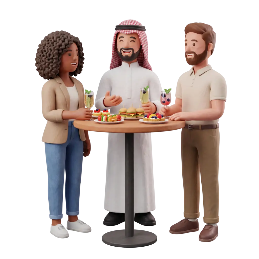 Full-body 3D scene of three adults — a bearded Arab man in a white thobe and red checkered ghutra, a woman with curly hair in a beige blazer and jeans, and a bearded man in a beige polo — standing around a high table with mini burgers, skewers, fruit tarts and glasses of sparkling drinks while smiling and chatting. Isolated render on a black background.