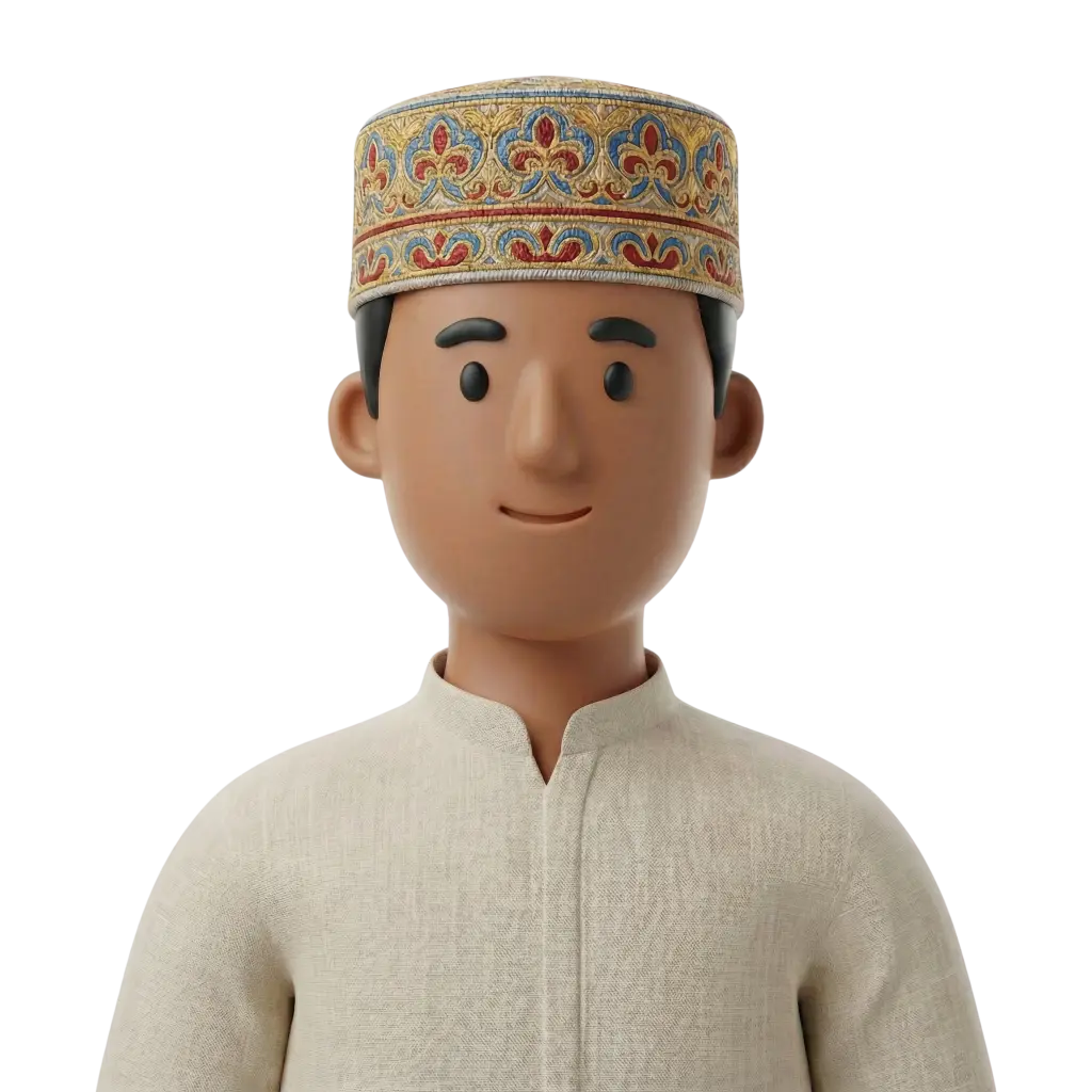 3D portrait bust of a Comorian man wearing an ornate embroidered kofia cap and a cream, collarless textured shirt, facing forward with a subtle smile. Neutral black background, no accessories, clean isolated render.